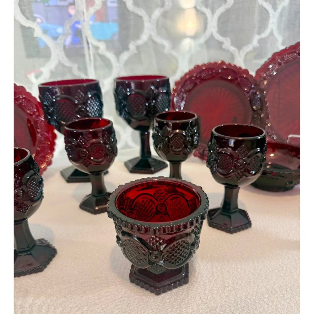 Vintage Avon 1876 Ruby Red Glass Dinnerware Set Plates Mugs Goblets Bowls